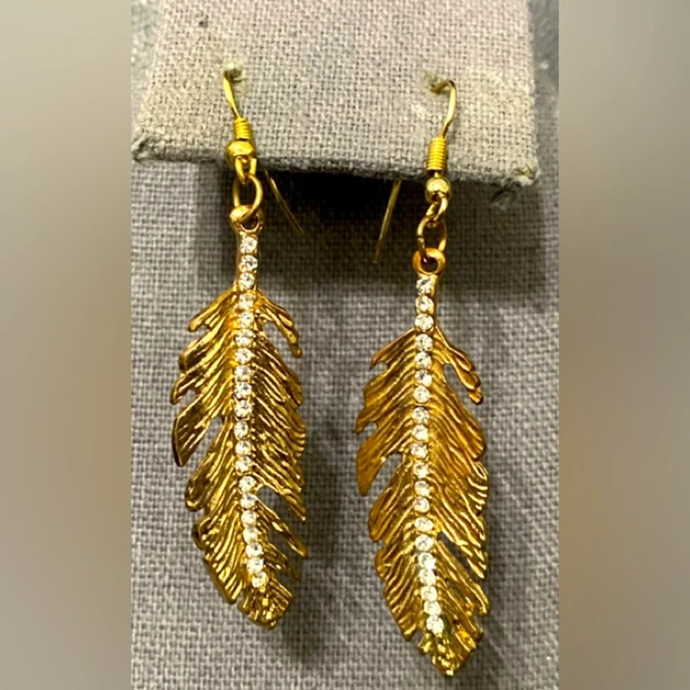 #2 - Vintage 80’s gold Tone floating leaf with Rhinestone pierced earrings